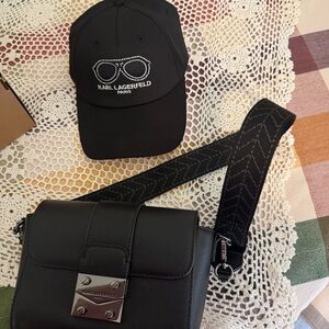 Karl Lagerfeld Black Cap and Bag with Logo Accents